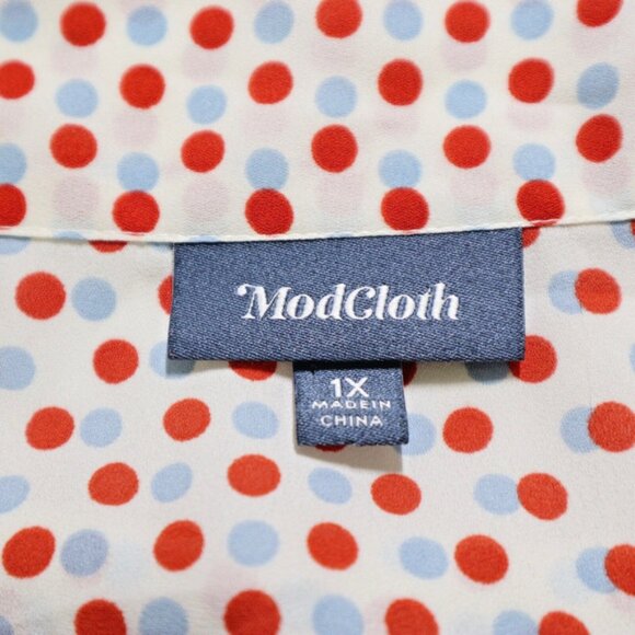 Modcloth Size 1X Pleasant Confidence Blouse Polka Dot Red Blue - Picture 10 of 11